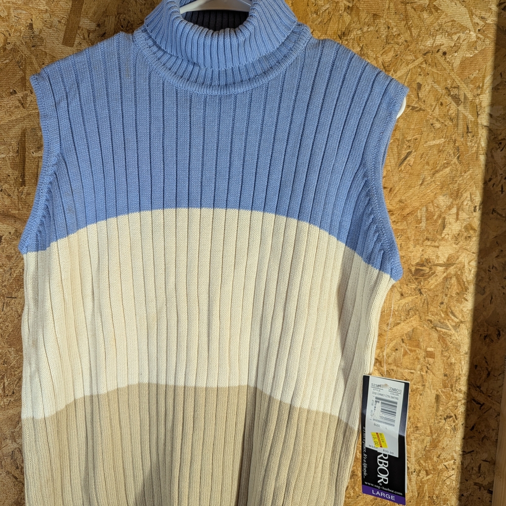 Sag Harbor Blue, Cream, and Tan Sleeveless Turtleneck Sweater